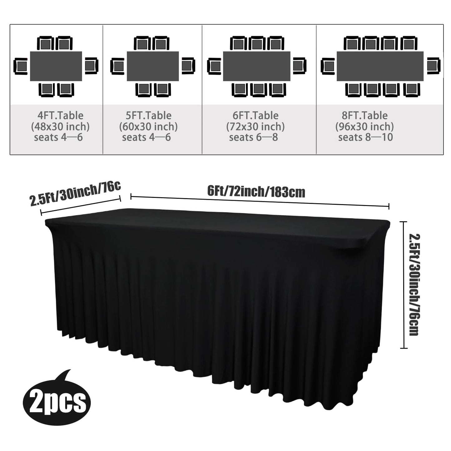 2 Pack 72''Lx30''Wx30''H Black Table Skirt for 6 Foot Rectangle Tables|Stretch Spandex Fitted Table Clothes|with Skirt Washable Wrinkle Resistant Table Skirt|for Party, Banquet, Birthday
