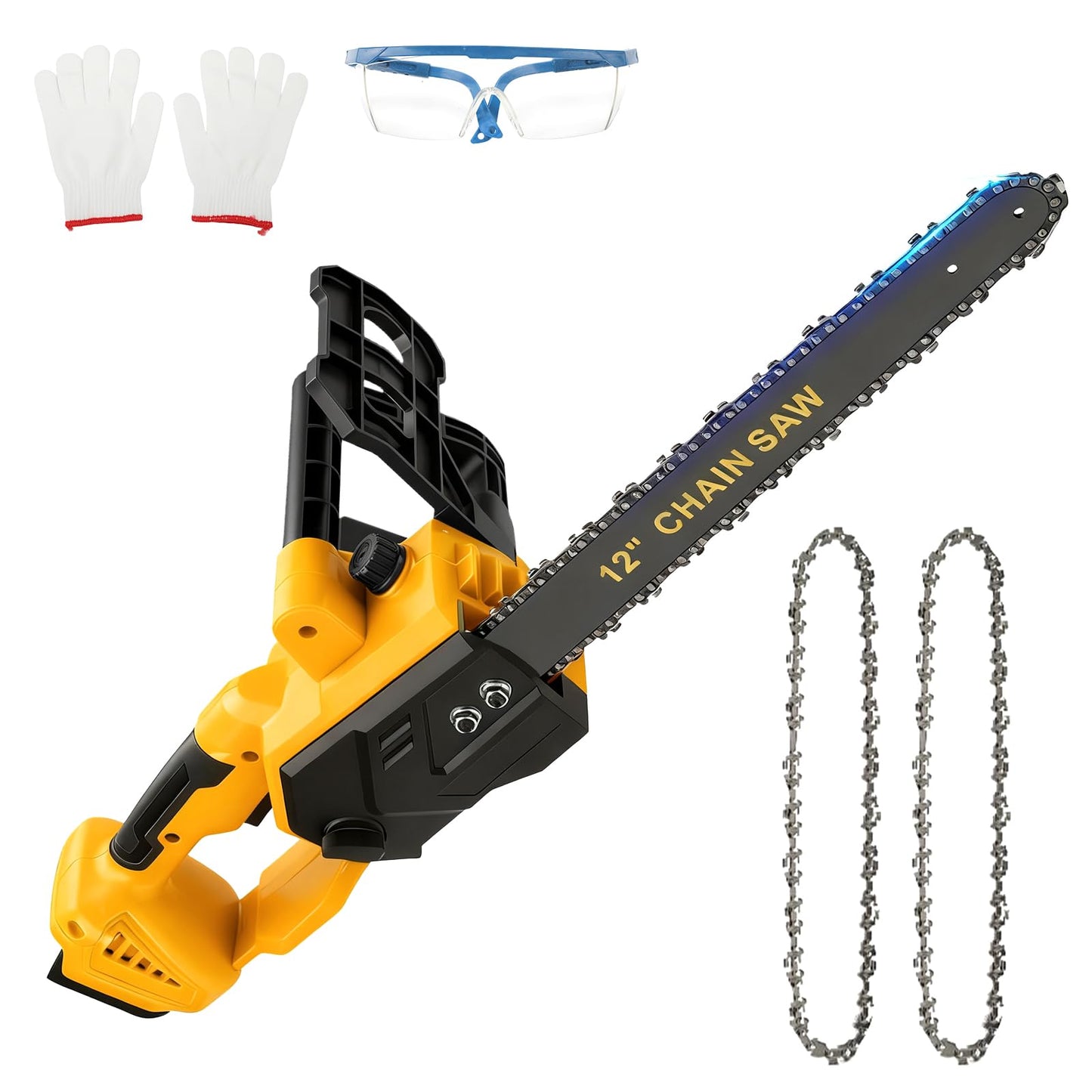 Brushless Chainsaw Compatible with Dewalt 20V Battery, 12 Inch Mini Chainsaw Cordless with 3 Chains and Security Lock Handheld Electric Chainsaw for Wood Cutting, Tree Trimming (No Battery)