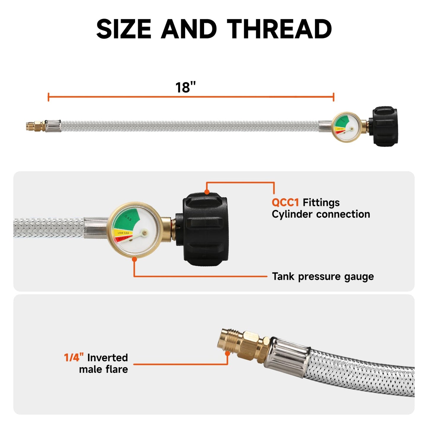 Roastove 2 Stage Auto Changeover RV Regulator, 18inch Stainless Steel Hose with Liquid Level Gauge 2 Packs and 1 Pack 4ft Hose, 1/4" Inverted Male Flare, 3/8" NPT Male,with Spanner and Teflon Tape