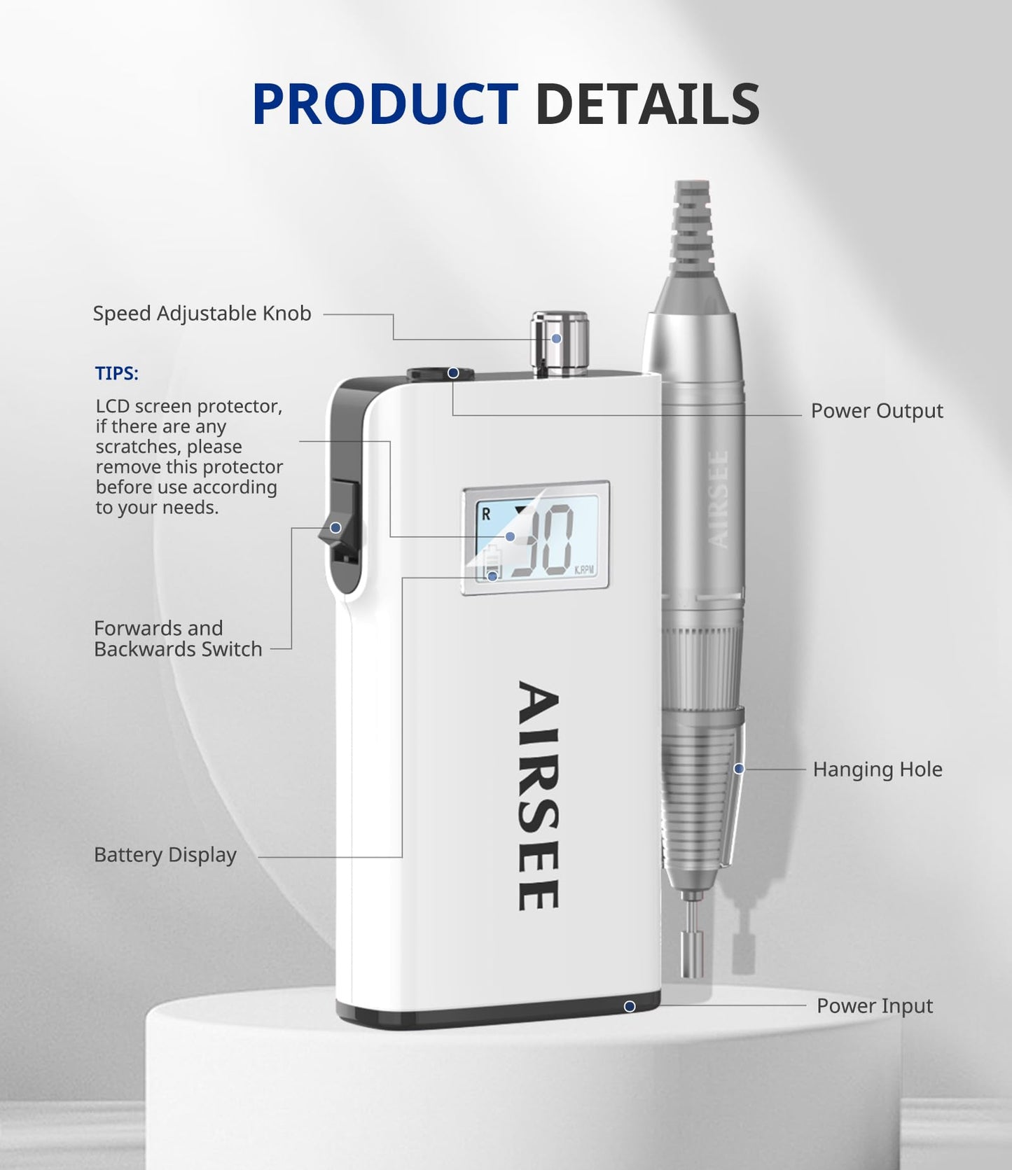 AIRSEE Rechargeable 30000RPM Electric Nail Drill Professional Portable E File Machine for Acrylic Nails Natural Extension Gel Nails Polish Cuticle, Cordless High Speed for Salon Use or Home DIY White