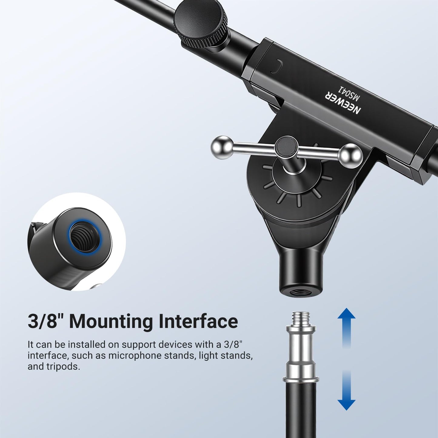 NEEWER Microphone Boom Arm for Mic Stand, Aluminum Compact Lightweight Portable Telescopic Extension Pole, 1/4" Screw & 3/8" Spigot for Universal Mics Adapter Mount Accessories, Max Load 3.3 lb, MS041