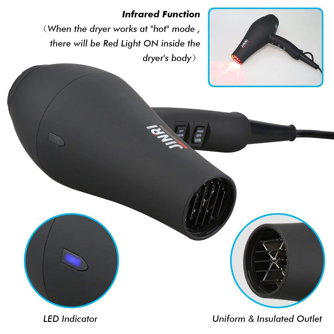 JINRI Ionic Hair Dryer with Diffuser & Comb and Concentrator, Lightweight Quiet Infrared Blow Dryer, Powerful 1875 Watt Motor for Smooth and Fast Drying Hair, Black