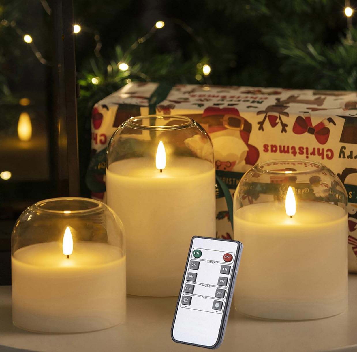 volnyus White Glass Flameless Candles Set of 3 (Φ 4" H 4" 5" 6") with Remote Battery Operated Flickering LED Pillar Candles Real Wax 3D Wick