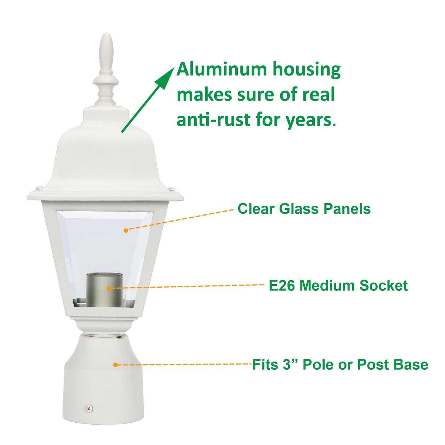 LIT-PaTH Outdoor Post Lighting Fixture Pole Lantern, E26 Medium Base Max 60W, Aluminum Housing Plus Clear Glass, Bulb Not Included, Matte White Finish, 1-Pack