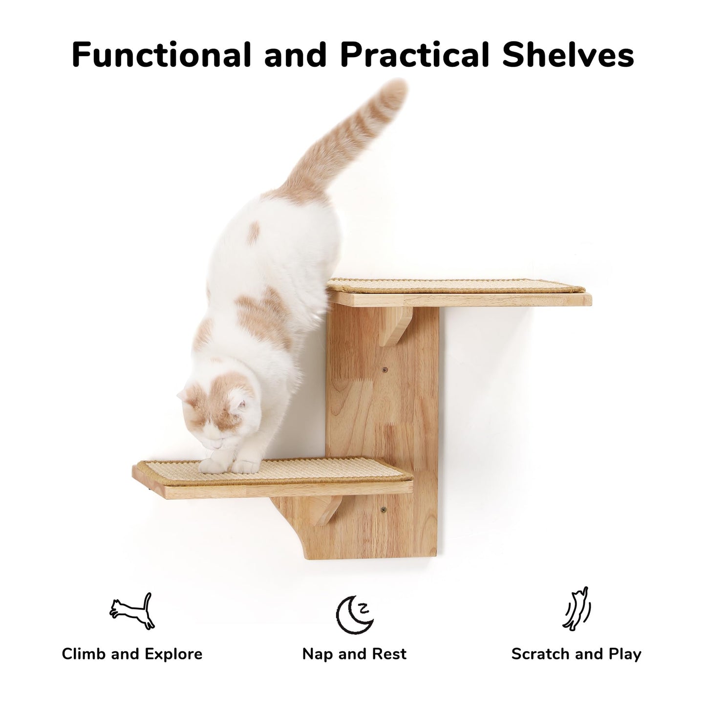 FUKUMARU Cat Wall Shelves, 2 Platform Cat Wall Furniture, Tree Shape Wall-Mounted Cat Floating Shelf with Sisal Mat, Solid Rubber Wood Cat Perch for 16 Inch Drywall, Suitable for Climb, Play, NapQQ