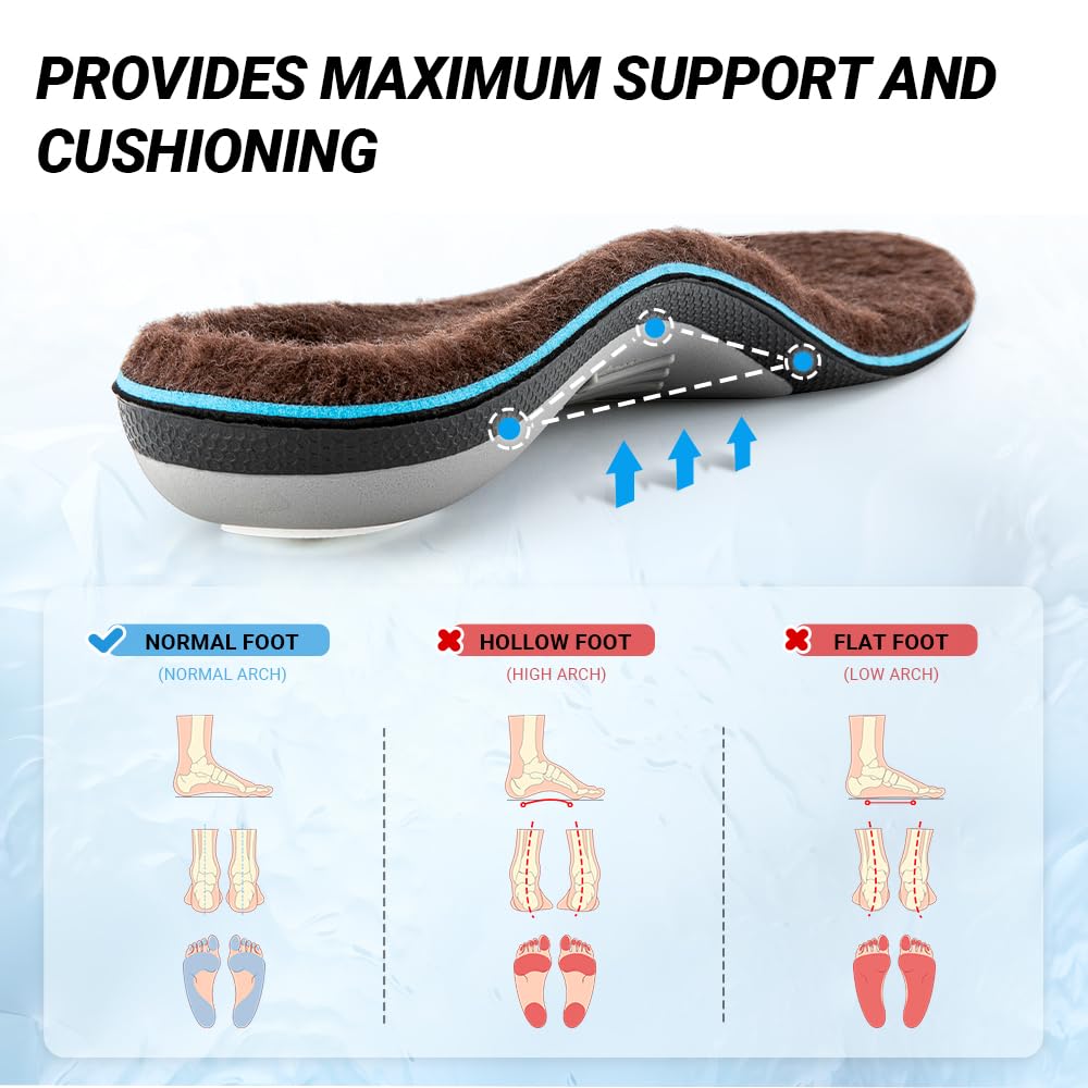 VALSOLE winter thermal wool insoles,Heavy Duty Support Pain Relief Orthotics Plantar Fasciitis High Arch Support Insoles,for Men Women Work Boot Shoe Insole warm insoles (MEN 10-10 1/2 | WOMEN 12-12 1/2--(286mm), Brown)