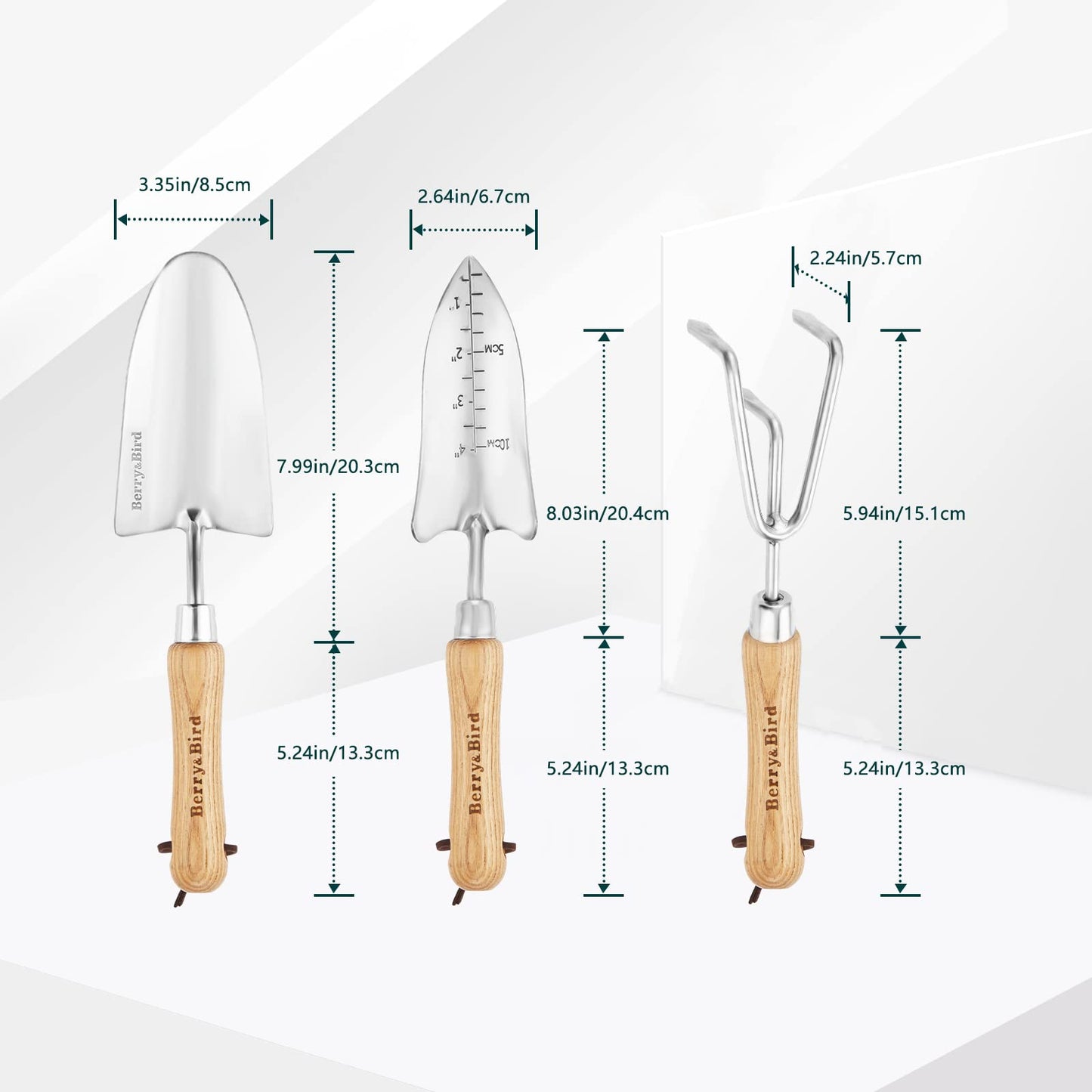 Berry&Bird Garden Tool Set, 3 PCS Stainless Steel Heavy Duty Gardening Tool Kit Includes Hand Trowel, Transplanter and Hand Cultivator with Ash Wood Handle for Transplanting Digging Loosening Soil