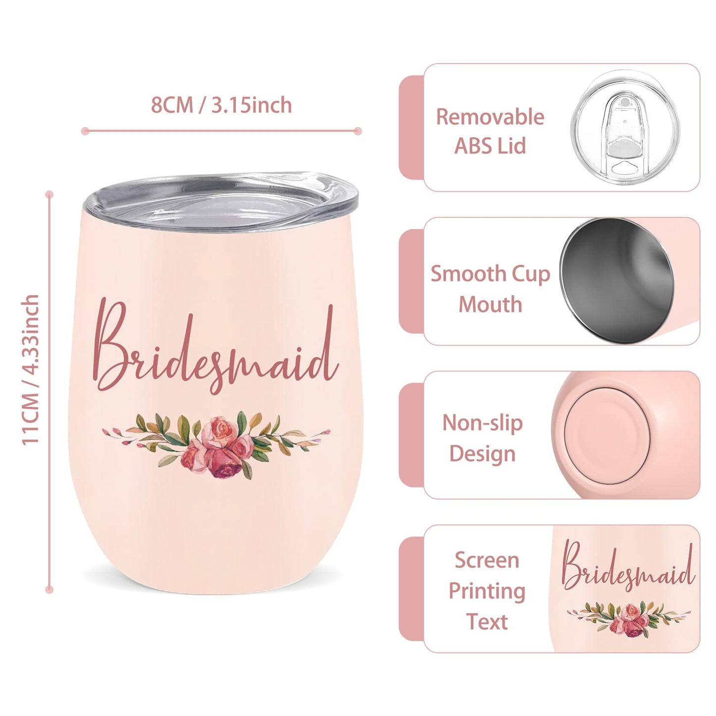 CARAKNOTS Bridesmaid Proposal Gifts Bridesmaid Cups Set of 5 Wedding Tumbler for Bridal Shower Engagement Bachelorette Party Favor Maid Pink Stainless Steel Wine Tumbler with Lid and Straw 12 oz