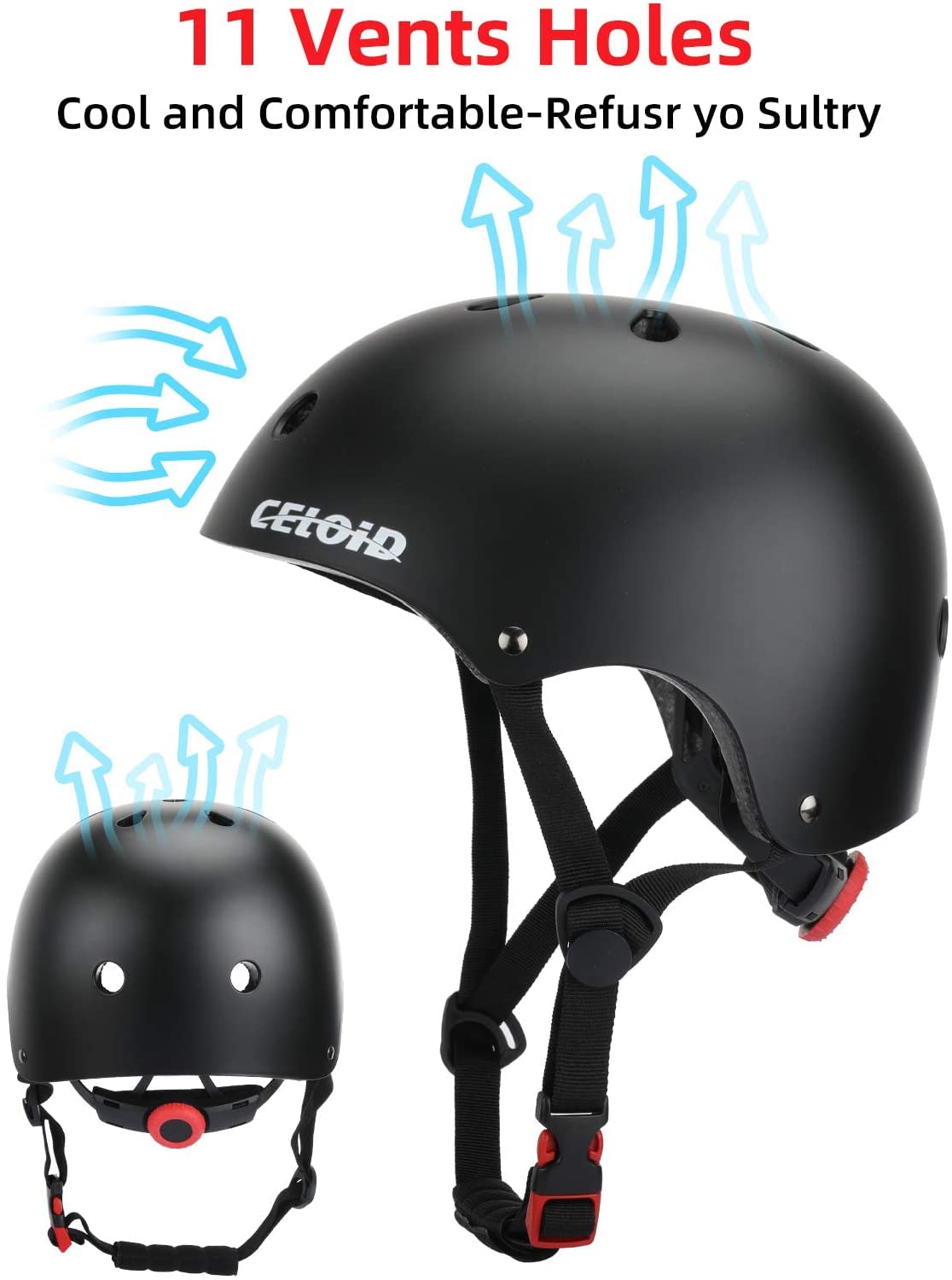 CELOID Kids Bike Helmet,Skateboard Helmets for Ages 8-10-14 Years Boys Girls,Adjustable Multi-Sport Bicycle Skateboarding Football Roller Skating Scooter Balance Bike Helmet,Black