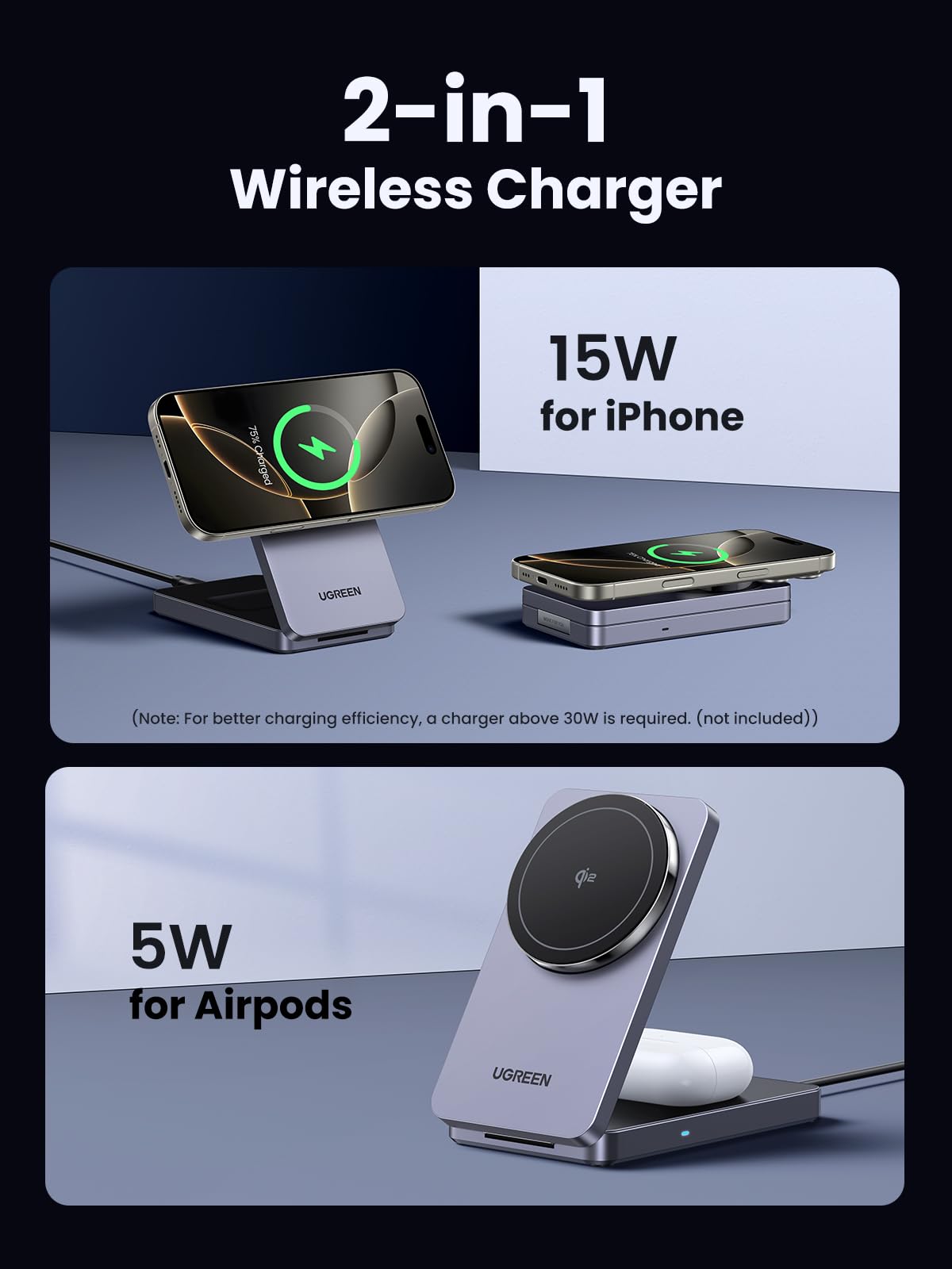 UGREEN Qi2 15W 2 in 1 Wireless Charging Station Magsafe Qi2 Certified Foldable Fast Charger Stand Compatible with iPhone 17 16 15 14 13 12 Series, AirPods Pro/2/3/4, Portable Travel Dock (No Adapter)