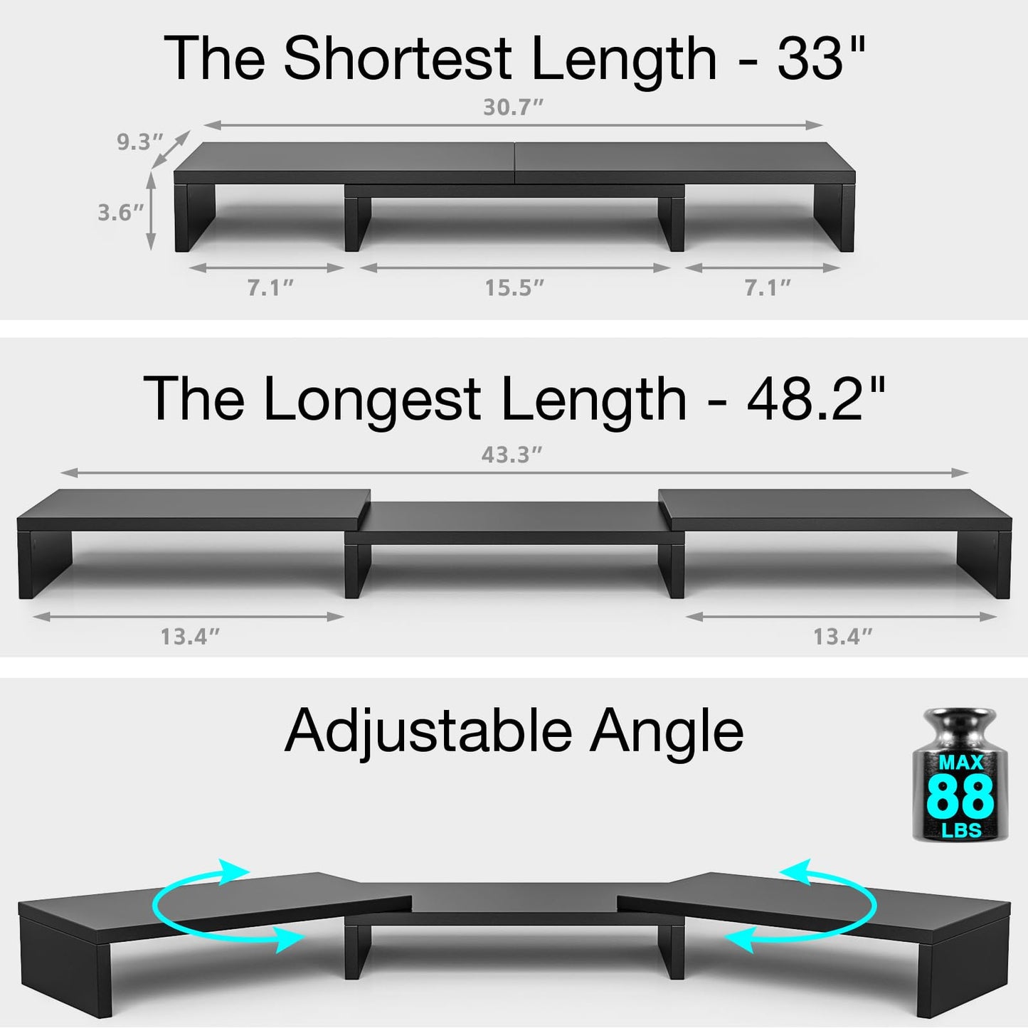 Rfiver Dual Monitor Stand Riser, Adjustable Length (30.7-43.3") & Angle, Large Wooden Desktop Organizer with Storage Shelf for Laptop, Monitors, Home Office Desk, Black