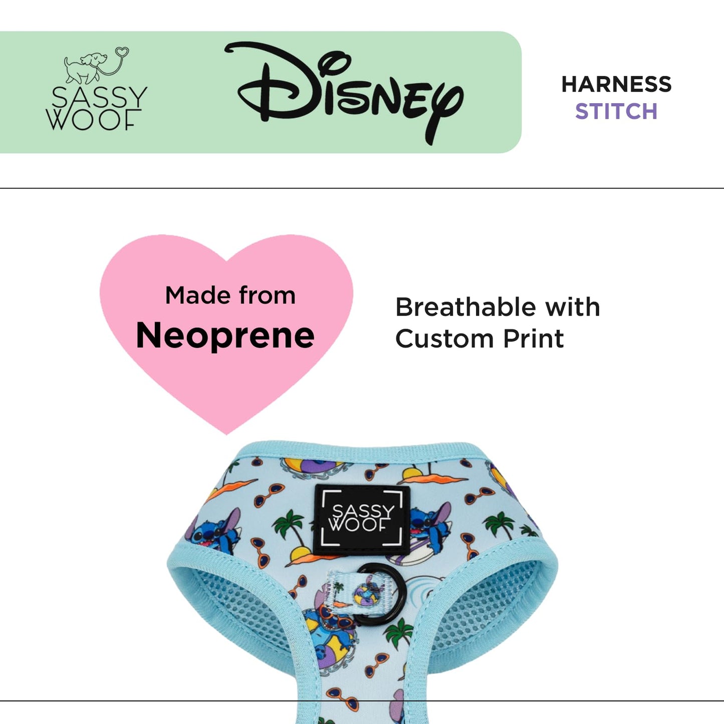 Sassy Woof Dog Adjustable Harness - Disney Stitch - L, Breathable Mesh, No Pull Design with Two D-Rings, Patented Design, Ideal for Large Dogs - Officially Licensed