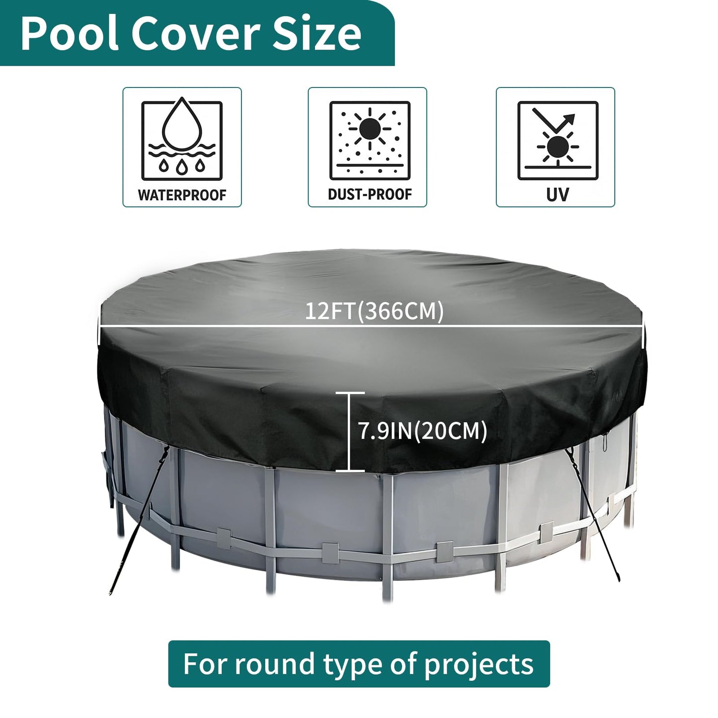 12FT Round Swimming Pool Cover, Heavy Duty 420D Oxford Fabric Garden Swimming Pool Dust Cover with Drawstring, Waterproof Round Pool Cover with Windproof Ropes and Ground Stakes