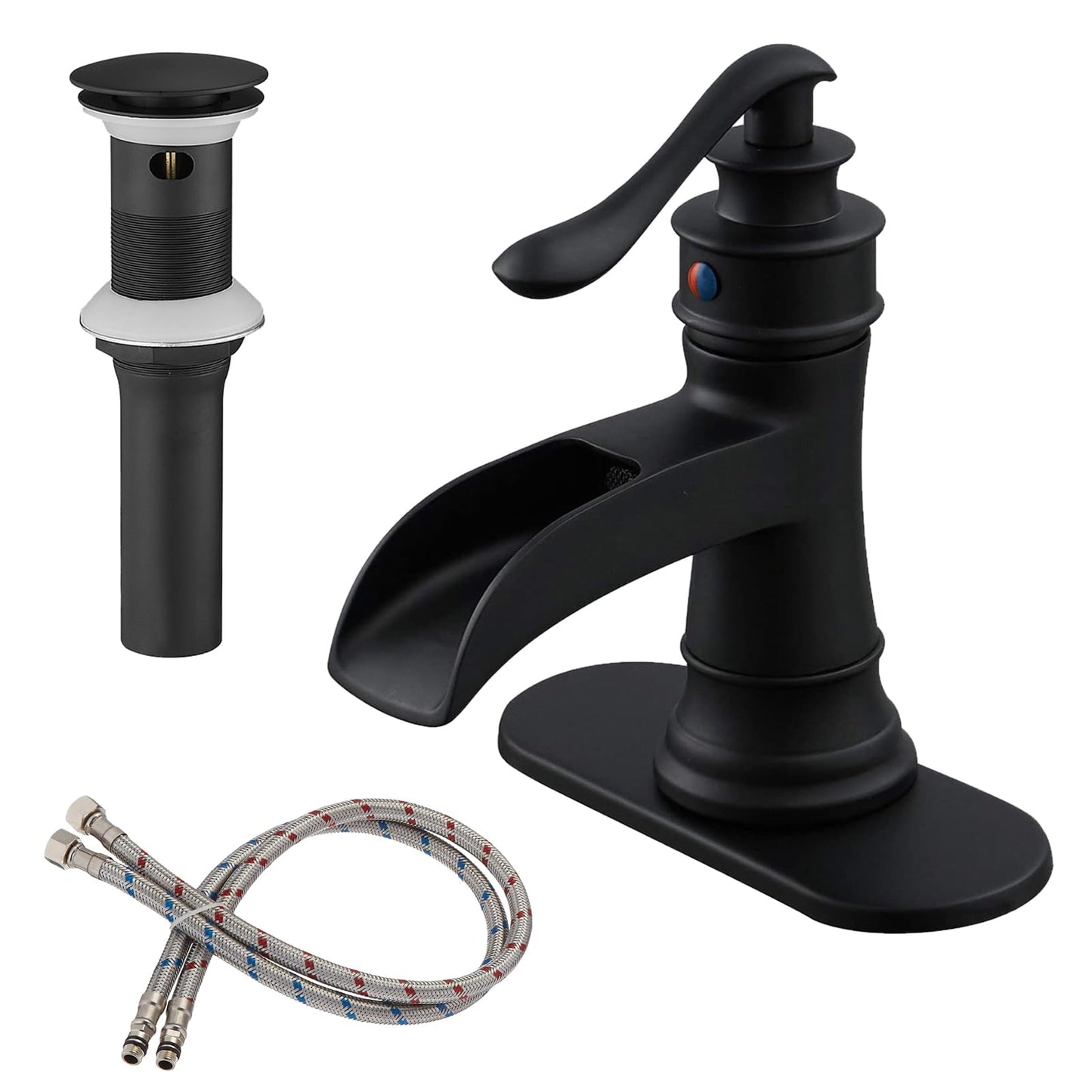 BWE Black Bathroom Faucet Matte Waterfall Farmhouse Vanity Sink Lavatory Single Hole Faucets One Handle Bath Antique with Brass Pop Up Drain Stopper Mixer Tap Overflow Water Supply Line