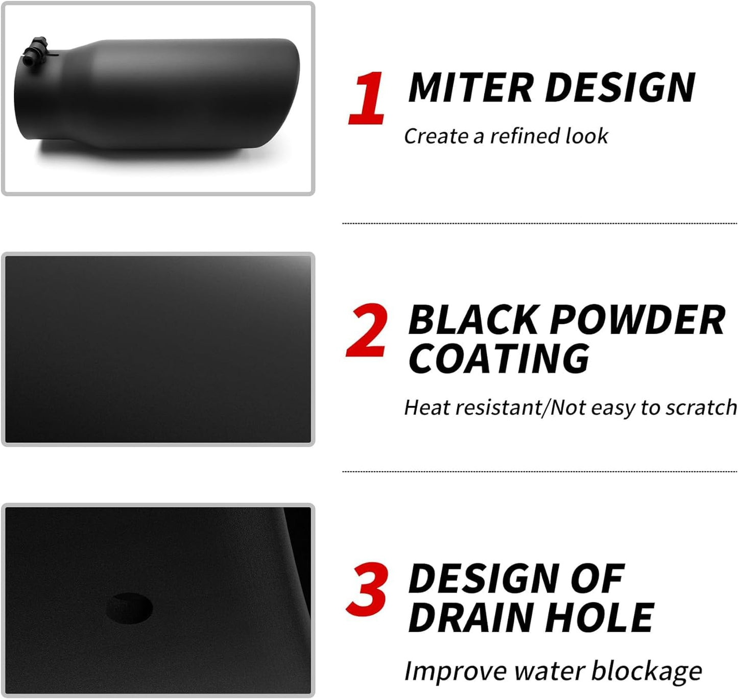 Richeer 3.5 inch Inlet Exhaust Tip, 3 1/2" Inlet 5” Outlet 12” Overall Length, Stainless Steel with Black Powder Finish, Fit 3.5" O.D. Exhaust Tailpipe, Rolled Edge, Bolt on
