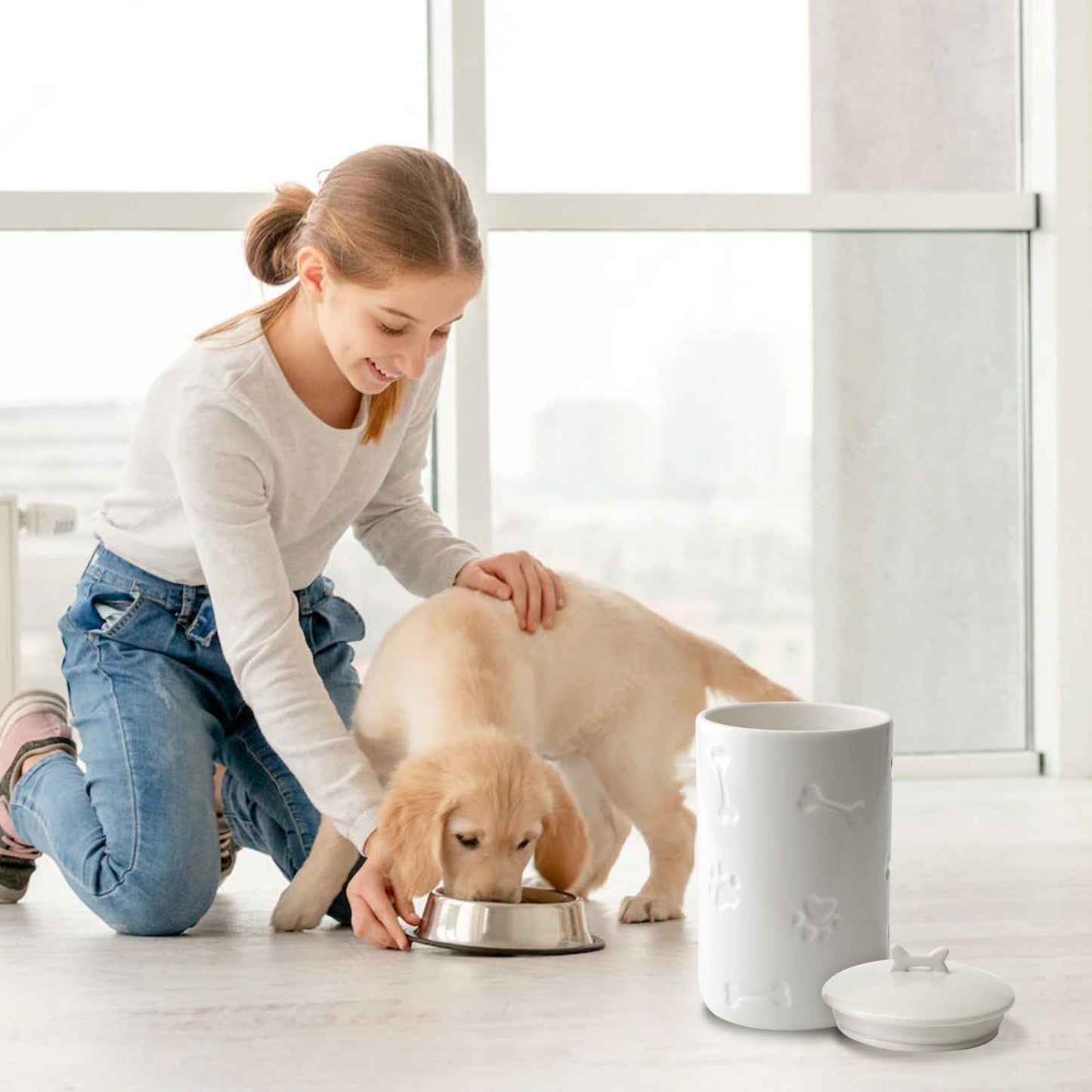 NIXBYO Ceramics Dog Food Storage Container, 5" Round x 9" Tall Cat Dog Pet Treat Jar, with Rubber Sealing Ring Cup Lid and Bone Handle,White for Small, Medium and Large Dogs Cookie Jar