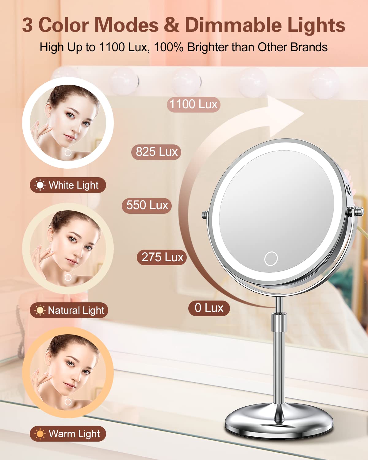 Benbilry Lighted Makeup Mirror with 10X Magnification & 3 Color Lights, Adjustable Brightness & Height, 7 Inch 360° Swivel Rechargeable LED Magnifying Make Up Mirror with Lighting (Silver)