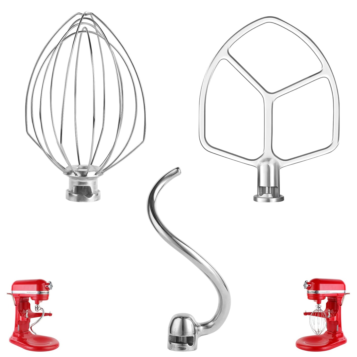 Stainless Steel 3 Piece kit Attachments，Dough Hook 6 Wire Whisk Flat Beater Compatible with KitchenAid 5-6QT Mixer，Bowl Lift Stand Mixer Accessory，Rust Resistant，Dishwasher Safe