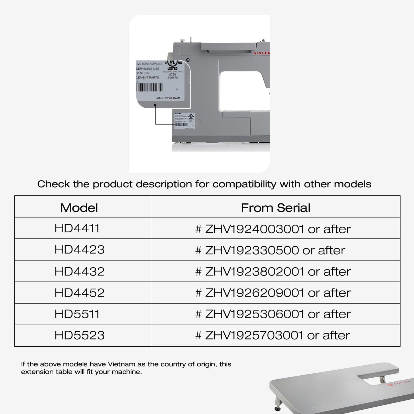 SINGER Gray Extension Table for Heavy Duty Mechanical Machines 4411, 4423, 4432, 4452, 5511, 5523, 5532, 6335 | Supports Larger Projects | Stable Surface with Foldable Leg