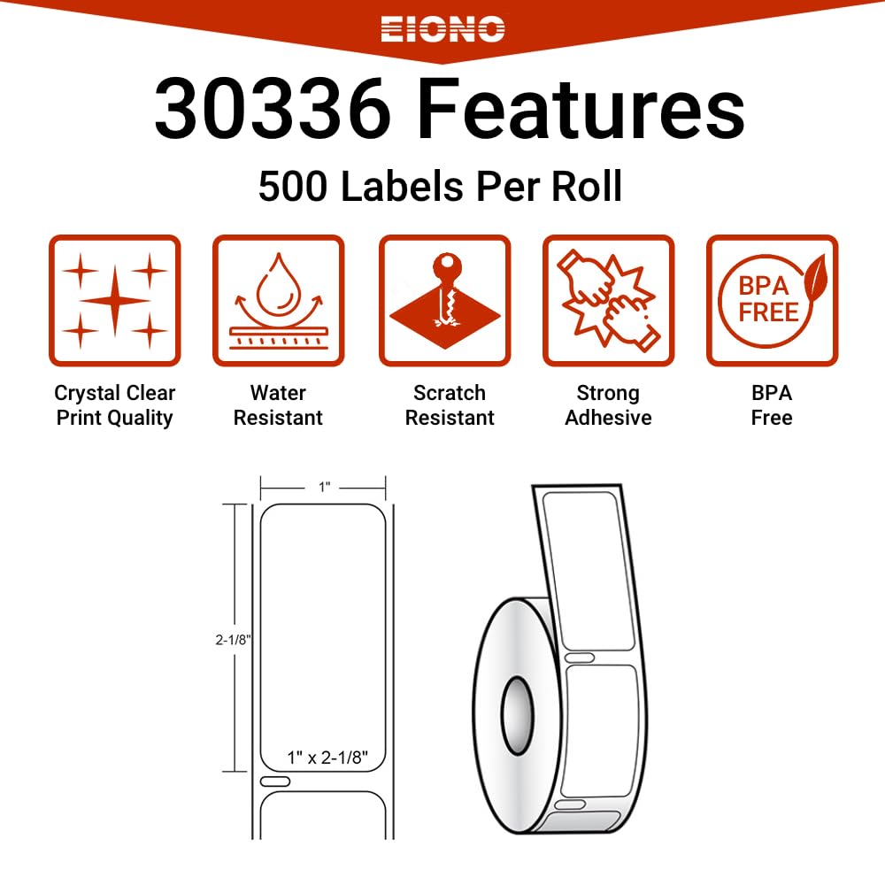 EIONO® - [18 Rolls, 9000 Labels/ 500 Per Roll] Compatible with DYMO 30336 (1" x 2-1/8") Multipurpose & Barcode Labels - Compatible with Rollo, DYMO Labelwriter 450, 4XL & Zebra Desktop Printers