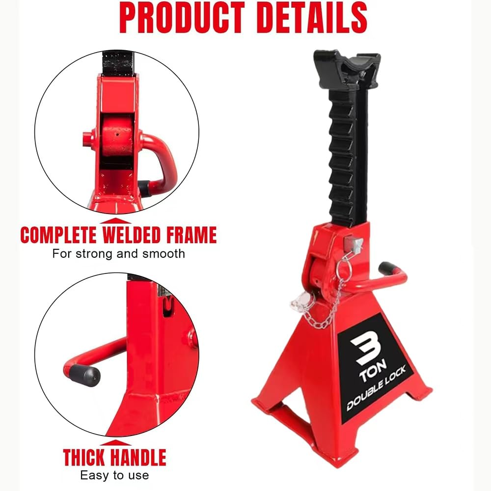Car Jack with Double Pin Locking Jack Stands Stand Adjustable Heavy Duty Professional SteelJack Stand, 3 Ton (6,600 LBs) for Trucks,Home,Garage, SUV, Pickup,Car,UTV/ATV, Red 1 Pair