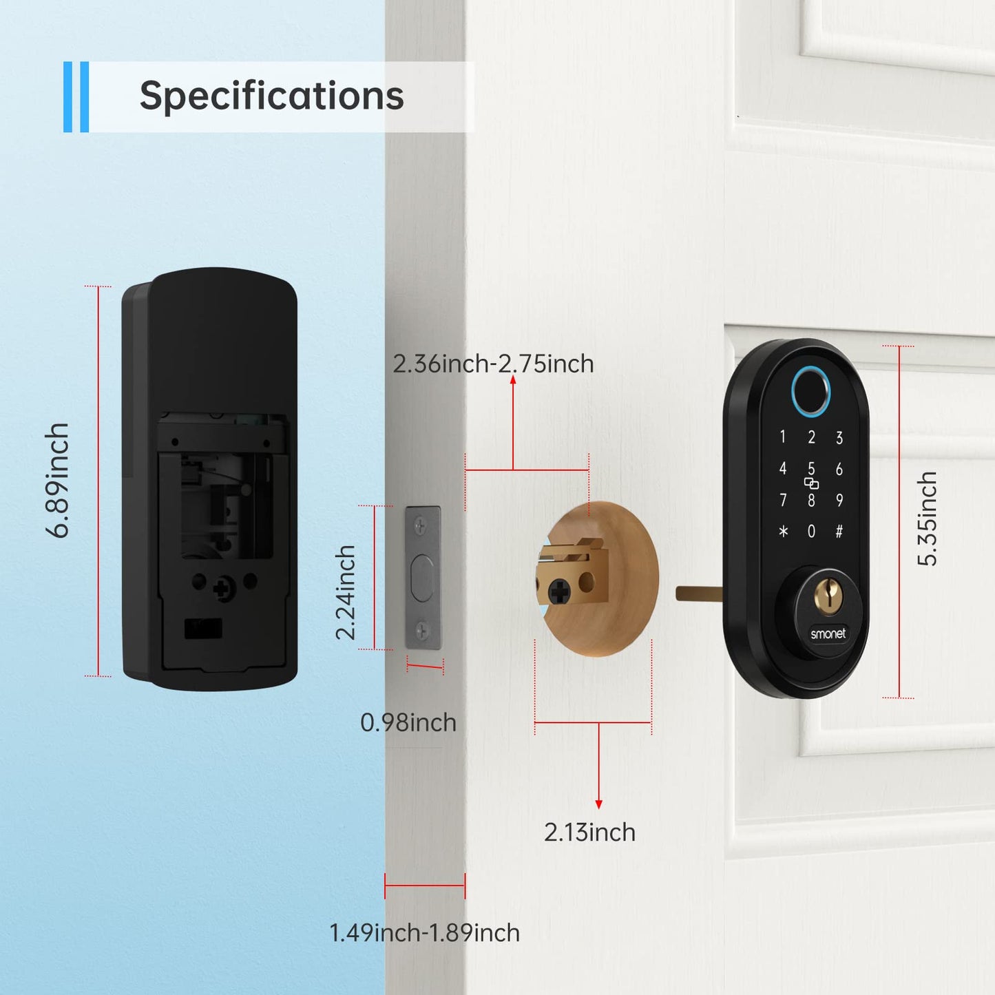 SMONET Smart Front Door Lock: Keyless Entry Door Lock for Front Door, Electronic Bluetooth Deadbolt with Biometric Fingerprint, Keys, Fobs, Auto Lock, Smart Phone Control for Home,Apartment