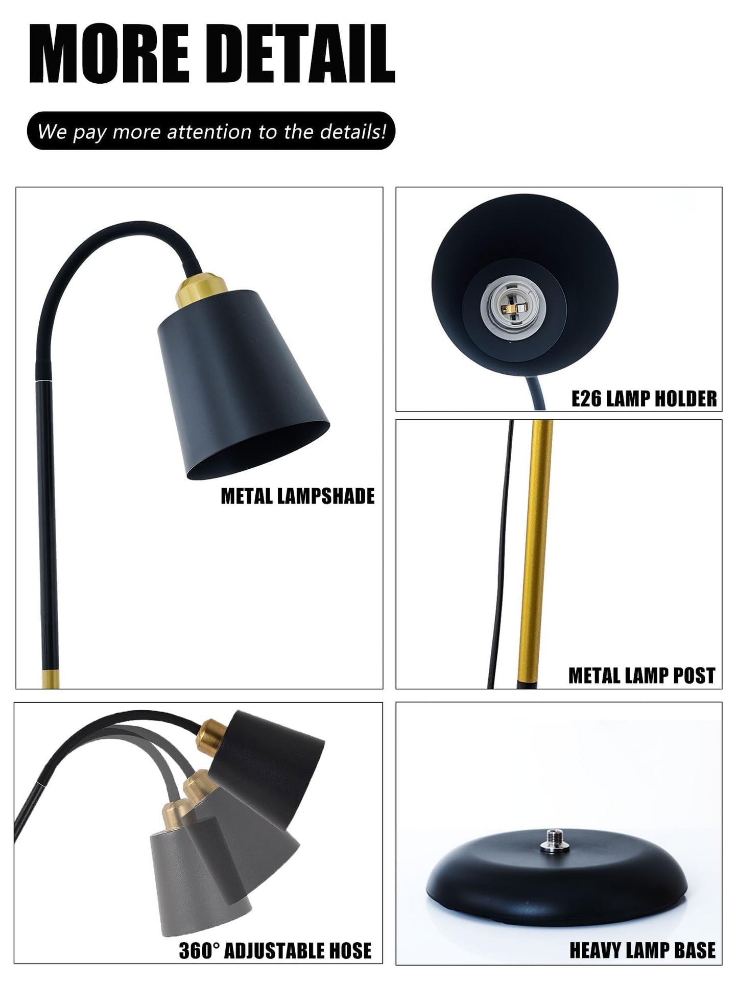 Floor Reading Lamp, Industrial Metal Standing Lamps with Adjustable Bendable 2 in 1 Table Lamps for Living Room Bedroom Office, 12W Bulb Included (Black)