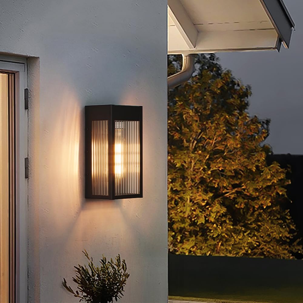 Cerdeco Black Outdoor Wall Light with Striped Tempered Glass,Modern Outdoor Wall Sconce with E26 Socket,2 Pack