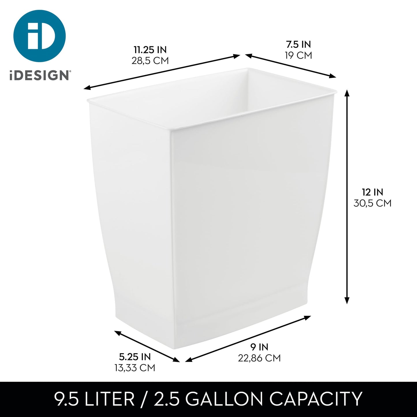 iDesign Spa Rectangular Trash Can, Waste Basket Garbage Can for Bathroom, Bedroom, Home Office, Dorm, College, 2.5 Gallon, White