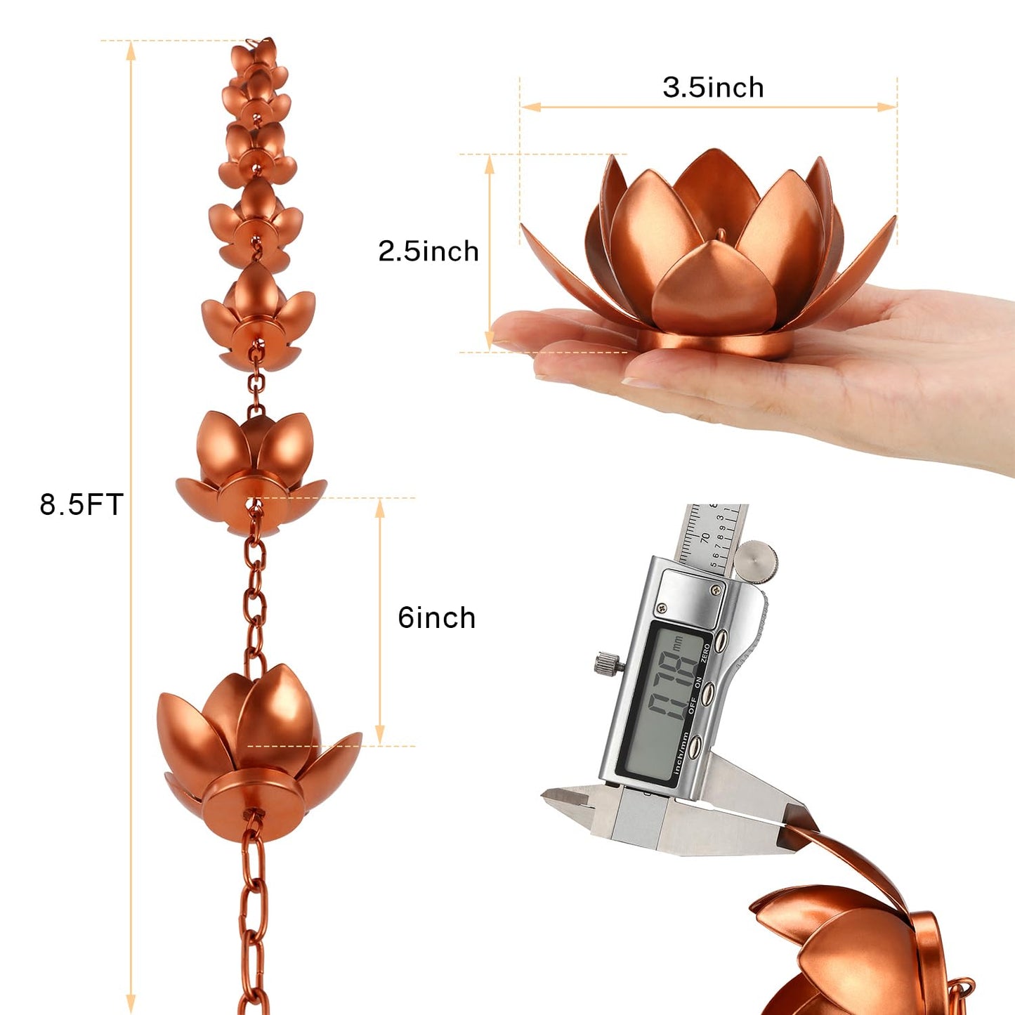 Oak Leaf Rain Chain with Adapter, 8.5ft Adjustable Lotus Rain Catcher Chain for Gutters Outside Downspout, for Divert Water and Home Display, Copper Powder Coated