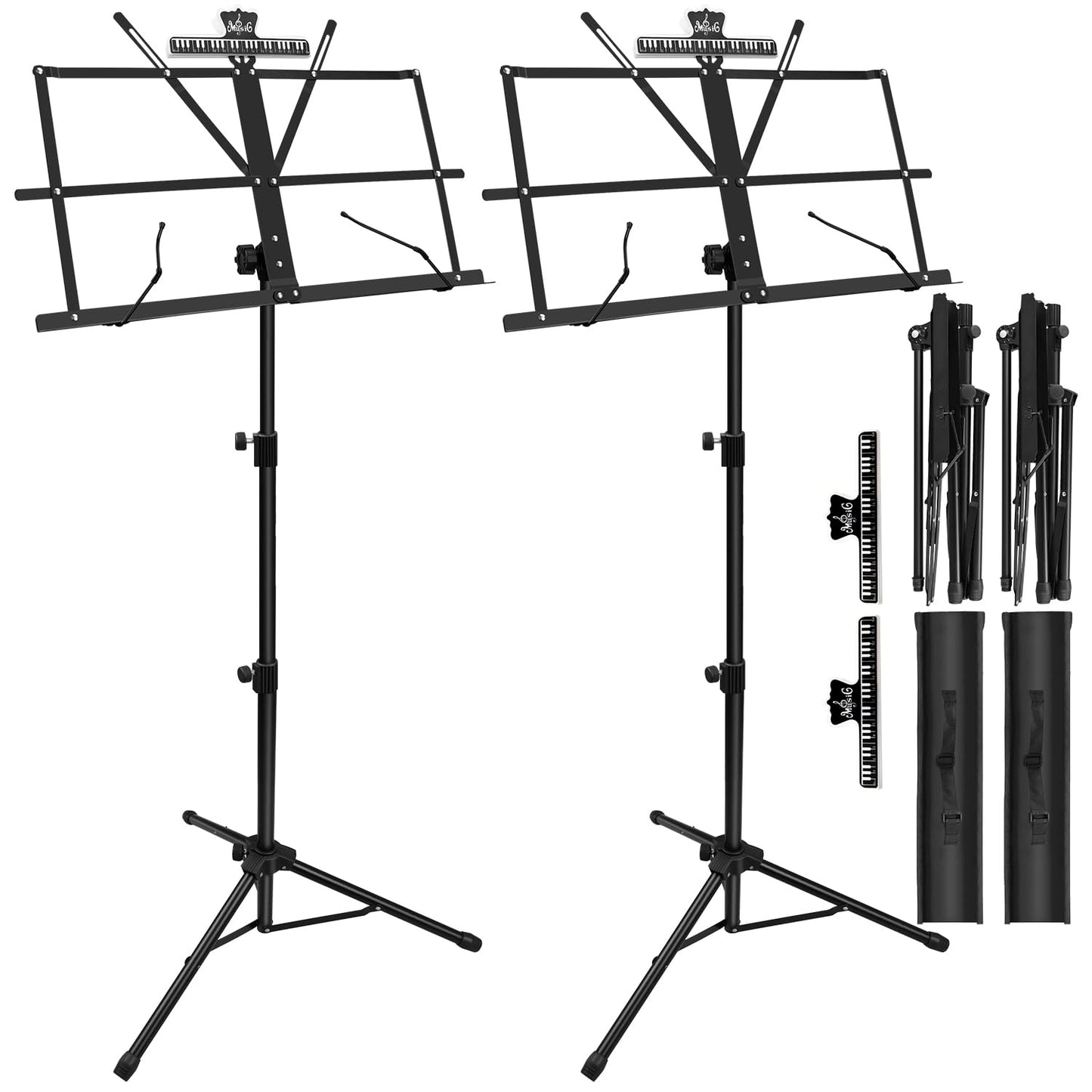 2 Pack Music Stand, 2 in 1 Dual-Use Folding Sheet Music Stand, Lightweight Portable Adjustable Desktop Book Stand with Music Sheet Clip Holder & Carrying Bag