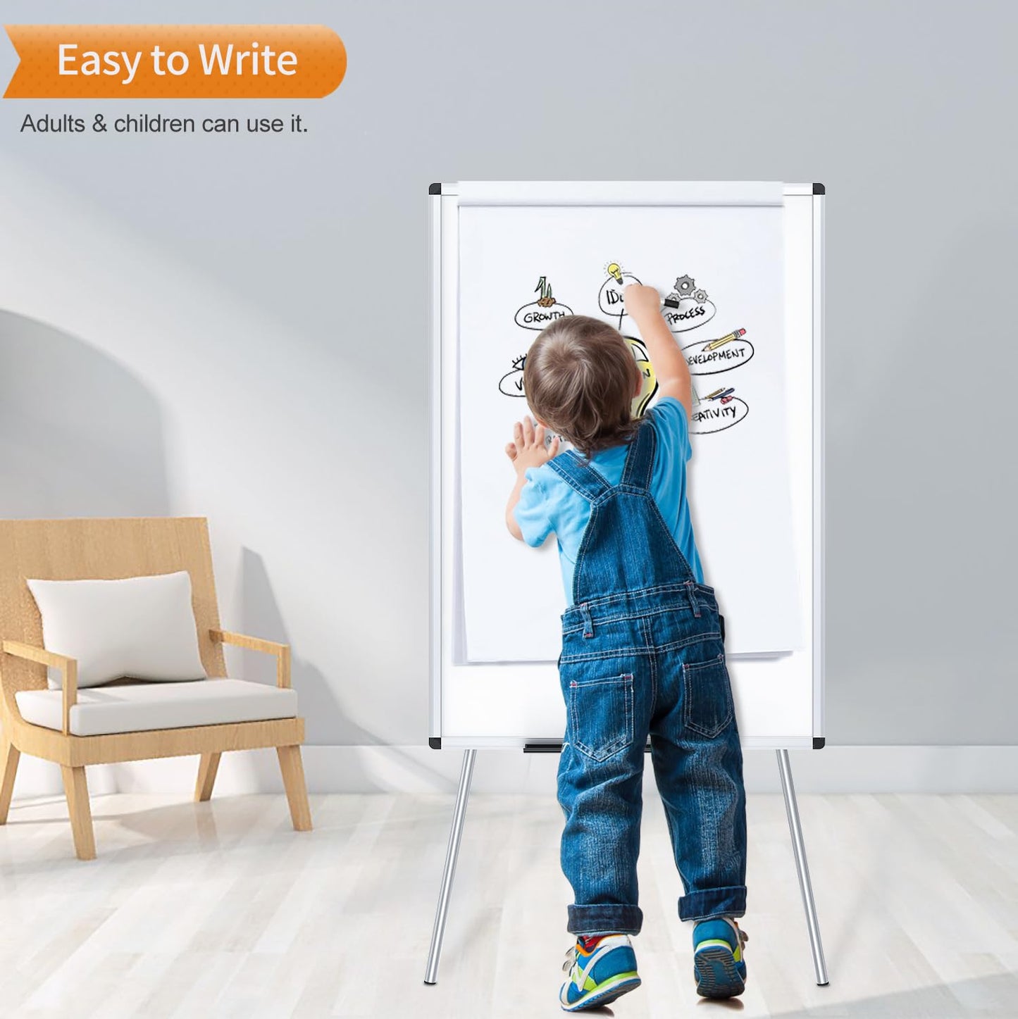 VIZ-PRO Tripod Easel Whiteboard, Height Adjustable Flipchart Easel, 36 x 24 Inches