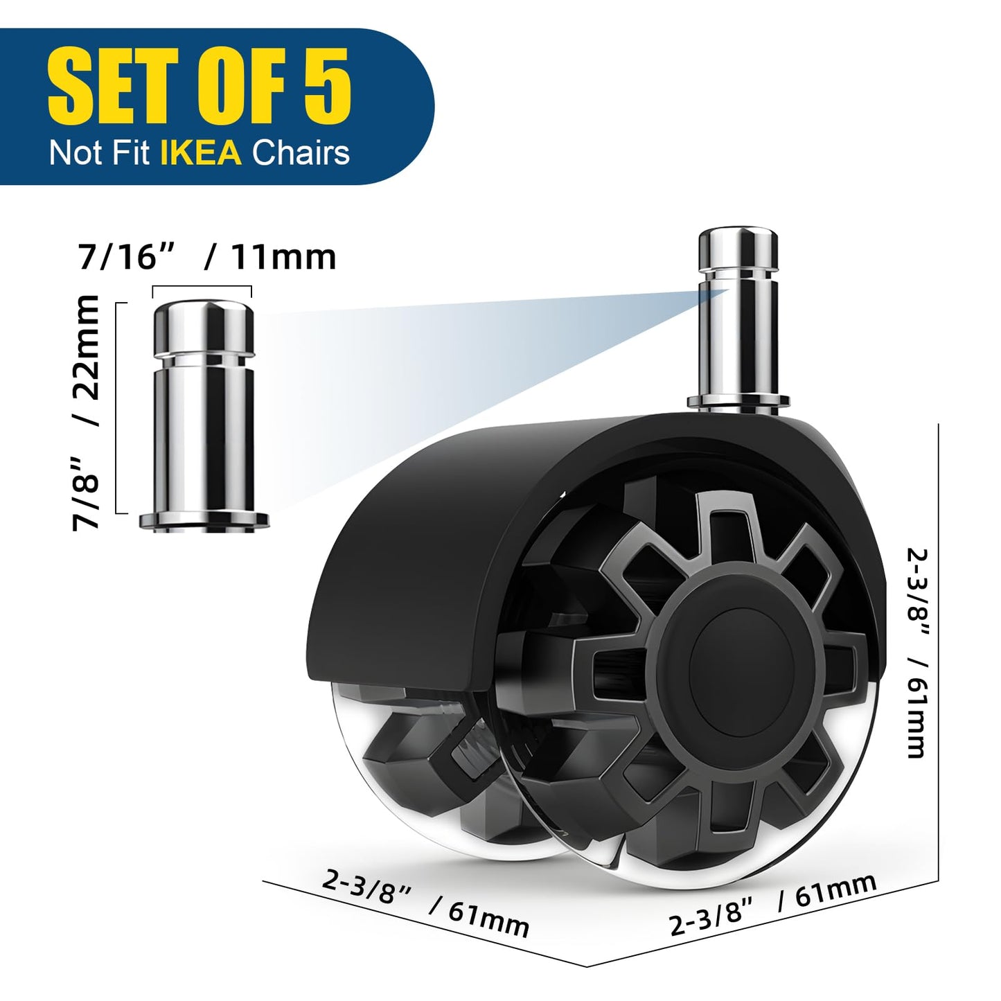 Office Chair Wheels Casters-Protection for Hardwood Floors and Carpet, Heavy Duty Silent Computer Chair Wheels with Standard Stem 7/16″* 7/8″(11mm*22mm),Office Chair Wheels Replacement (Black)