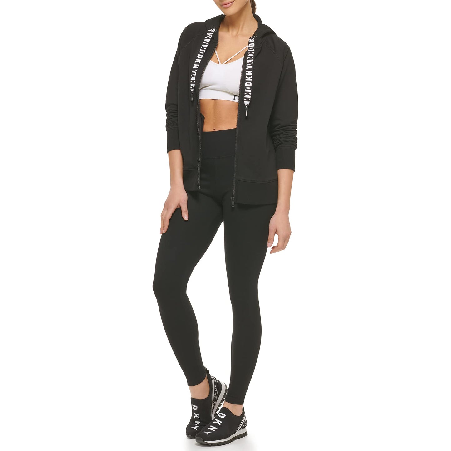 DKNY Women's Logo Drawstring Zip Up Hoodie, Activewear Sweatshirt, Black, Medium