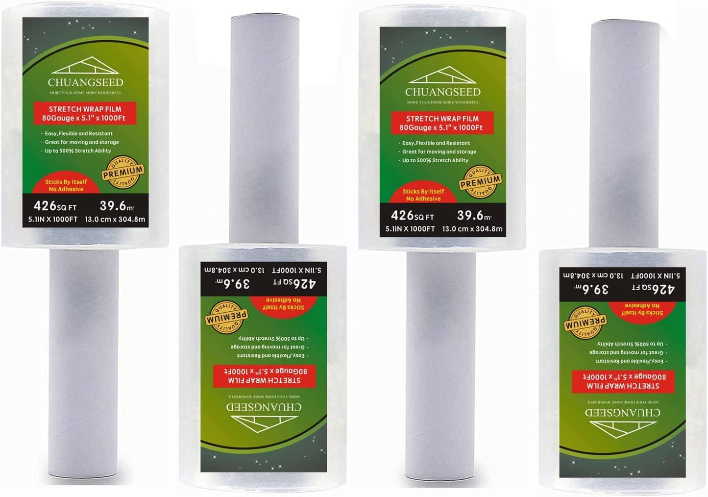CHUANGSEED 4-Pack Industrial Mini Clear Stretch Wrap Film 80 Gauge 5.1" 1000ft for Pallet Wrap, Durable Self-Adhering Packing, Moving, Packaging, Heavy Duty Shrink Film
