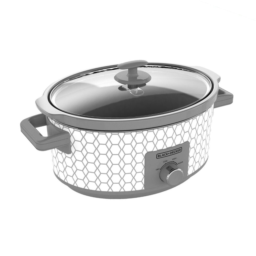 BLACK+DECKER Slow Cooker, 7 Quart (8+ Servings), Dishwasher Safe, Geometric Pattern, White, SC1007D