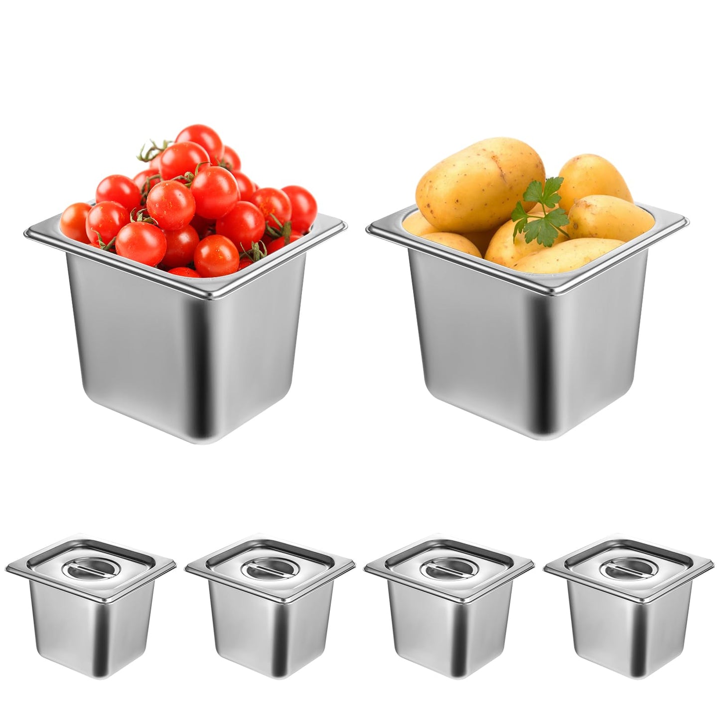 6 Pack Stainless Steel Hotel Pans with Lid 1/6 Size x 6" Deep Steam Table Pan 0.8 mm Thick Commercial Food Storage Containers Anti Jam Pan Stainless Steel Steamer Pan for Hotel Restaurant Buffet