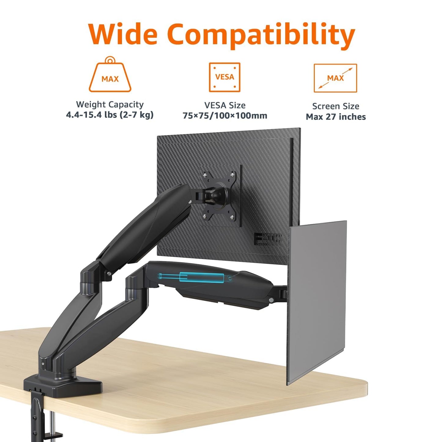 Amazon Basics Gas Spring Dual Computer Monitor Arm Mount, Adjustable, Holds up to 27" Monitors