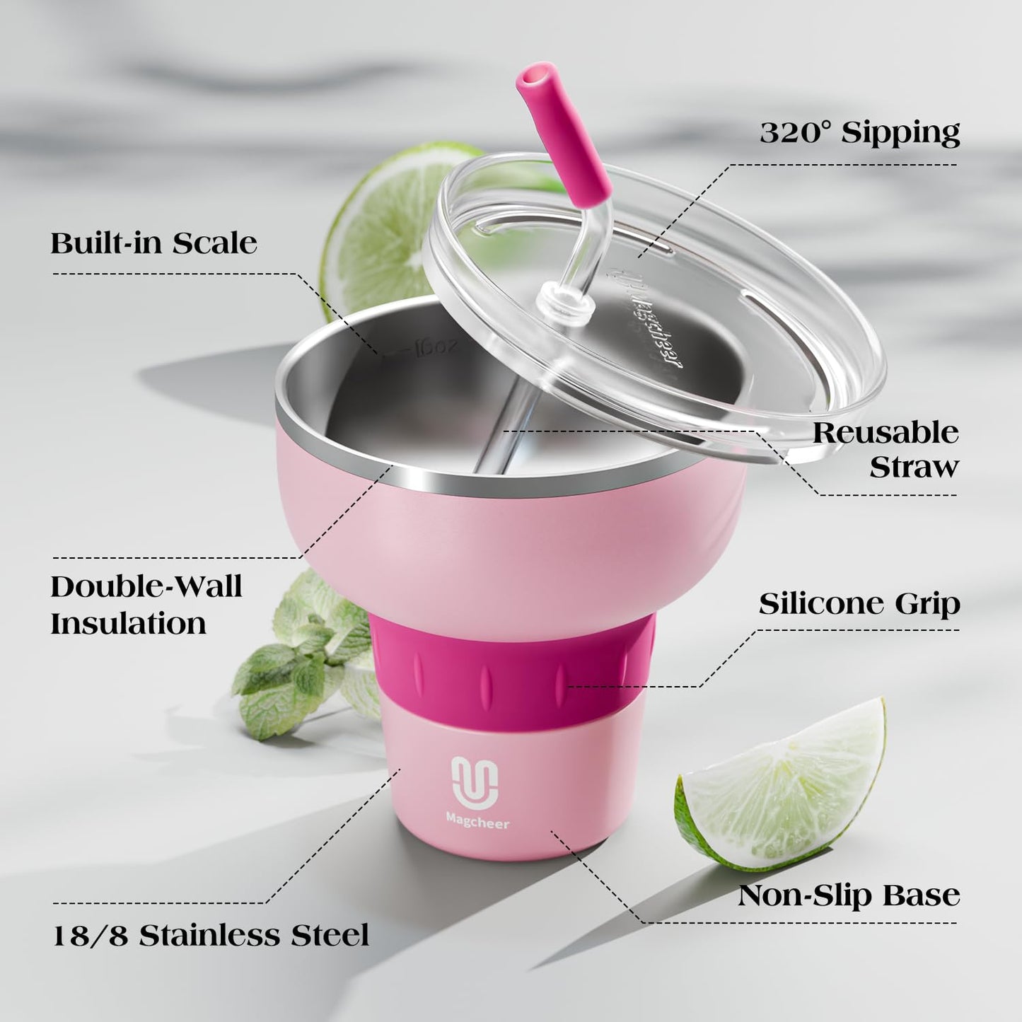Magcheer 16 oz Cocktail Tumbler with Lid and Straw - Stainless Steel Insulated Margarita Tumbler - 320° Sippable Stemless Wine Cup for Party | Pink