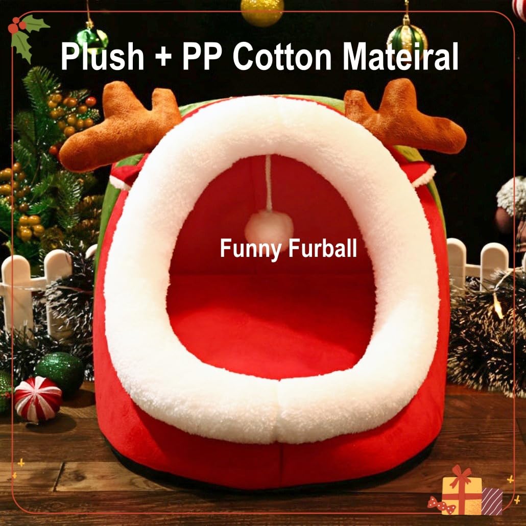 Christmas Cat Bed for Indoor Cats, Semi-Enclosed Cat Cave Foldable Cat House with Removable Washable Cushion Cute Xmas Reindeer Ped bed with Hanging Plush Toy Ball for Cats Small Dogs Playing Sleeping