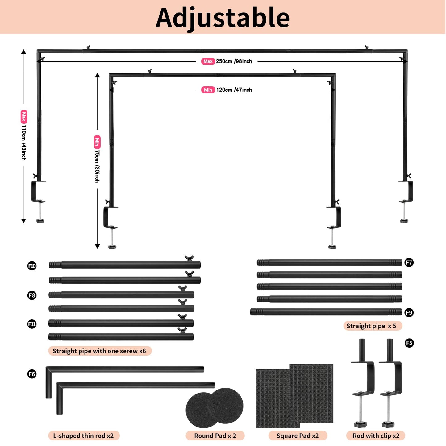 YIJXPOIN Over the Table Rod Stand with Clamps, Table Arch Stand Adjustable 47"-98" Length 30''-43'' Tall Black Metal Rod for Wedding Birthday Party Baby Shower Christmas Decorations