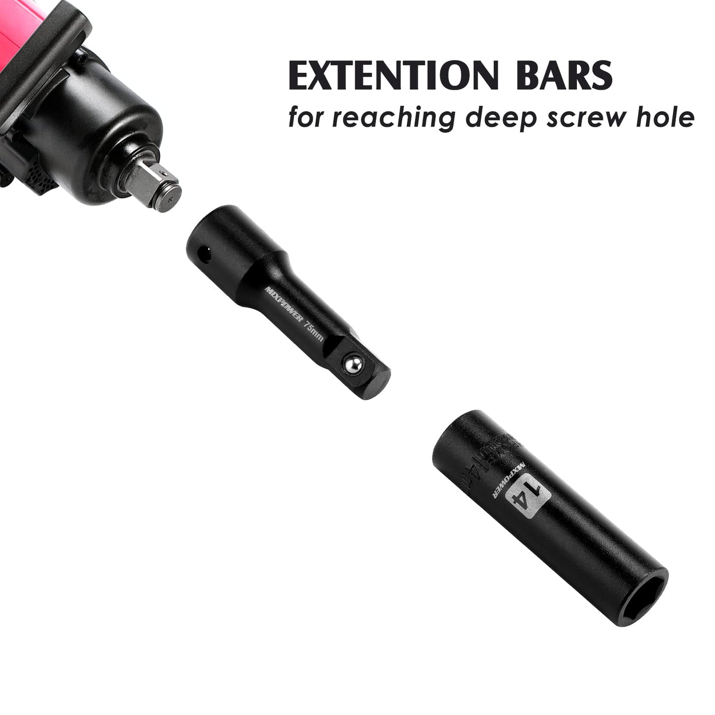 MIXPOWER 25 Pieces 1/2-Inch Drive Deep Impact Socket Set, CR-V, Metric/SAE, Includes 12mm to 24mm, 3/8-Inch to 1-Inch, 3", 5" Extension Bars, 1/2"-1/4" Adapter
