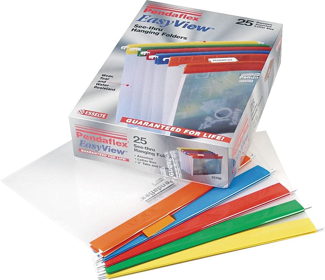 Pendaflex 55708 Easyview Poly Hanging Folders, 1/5 Cut Asstd Top Color Bar/Tabs, Letter, 25/Bx