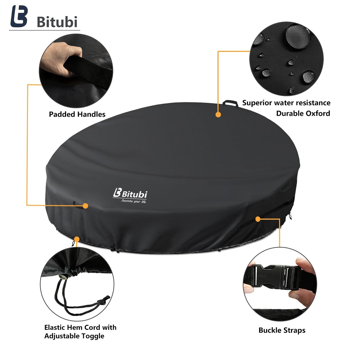 Bitubi 75 Inch Heavy Duty Waterproof Outdoor Daybed Cover - 600D Tough Canvas Anti-UV Patio Canopy Daybed Sofa Cover 75" Dia x 35"/16”H, Black