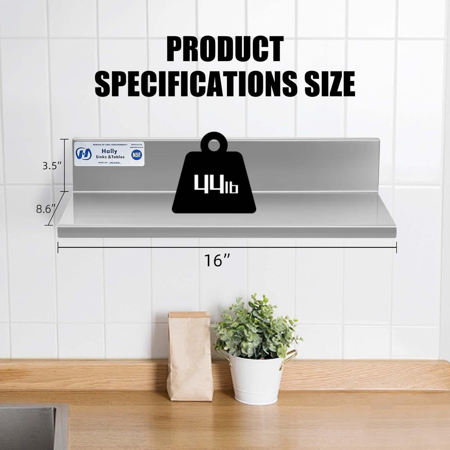 Hally Stainless Steel Wall Shelf 2 Pack 8 6” x 16” Wall Mounted Shelf with 3" Backsplash, Metal Floating Shelf, Spice Rack Wall Mount, Heavy Duty Kitchen Shelf for Restaurant, Bathroom,Utility Room