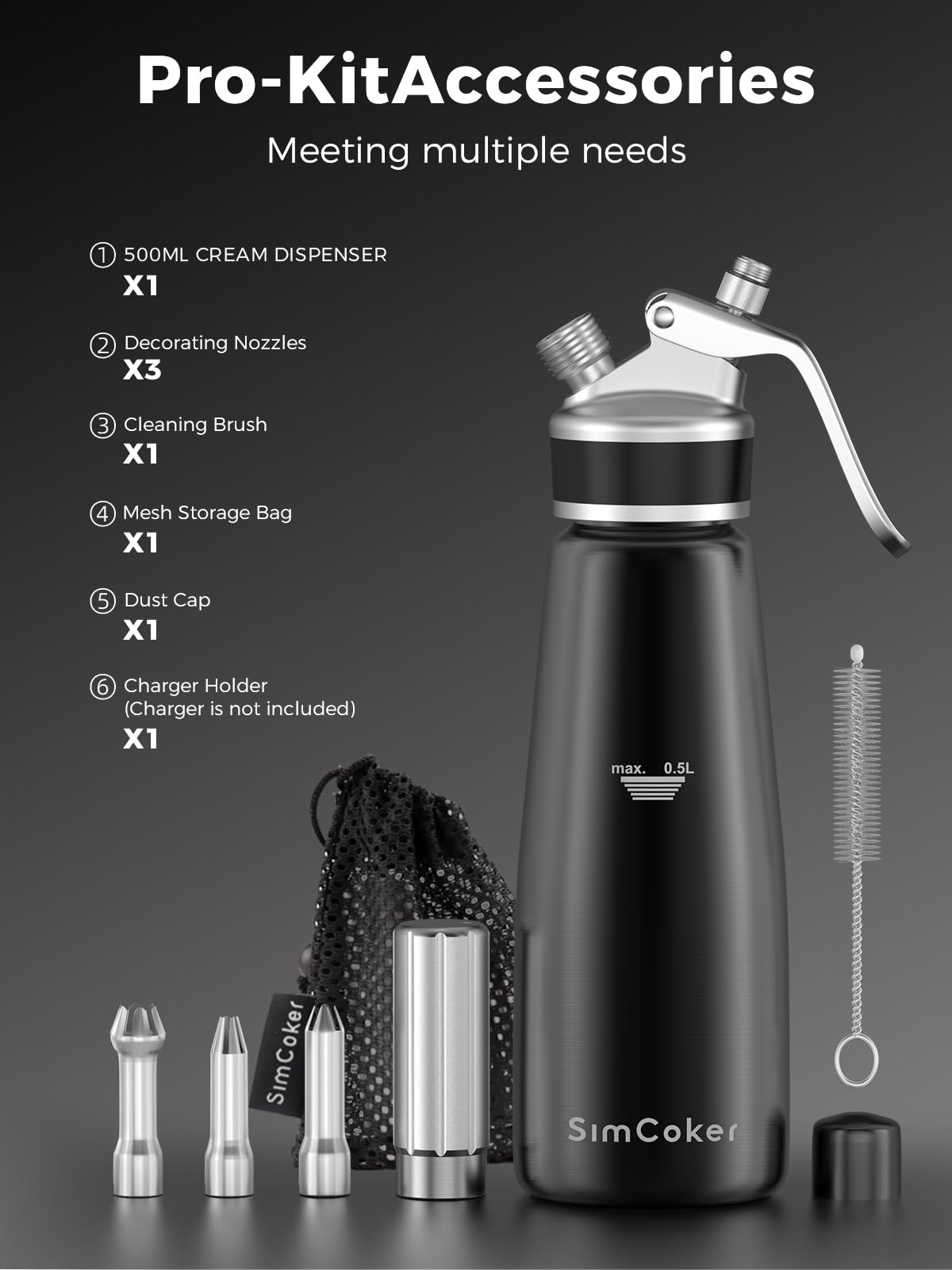 Professional Aluminum Whipped Cream Dispenser 500ml / 1 Pint, Leak-Proof Cream Whipper with 3 Decorating Tips, Food-Grade Tested, Easy Clean, N2O Chargers Compatible (Not Included)