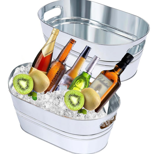 2 Pcs 4 Gallon Metal Beverage Ice Buckets,Galvanized Ice Buckets, Ice Bucket Set with Handles for Parties, Large Metal Drink for Beer, Wine, Cocktails & Outdoor Events