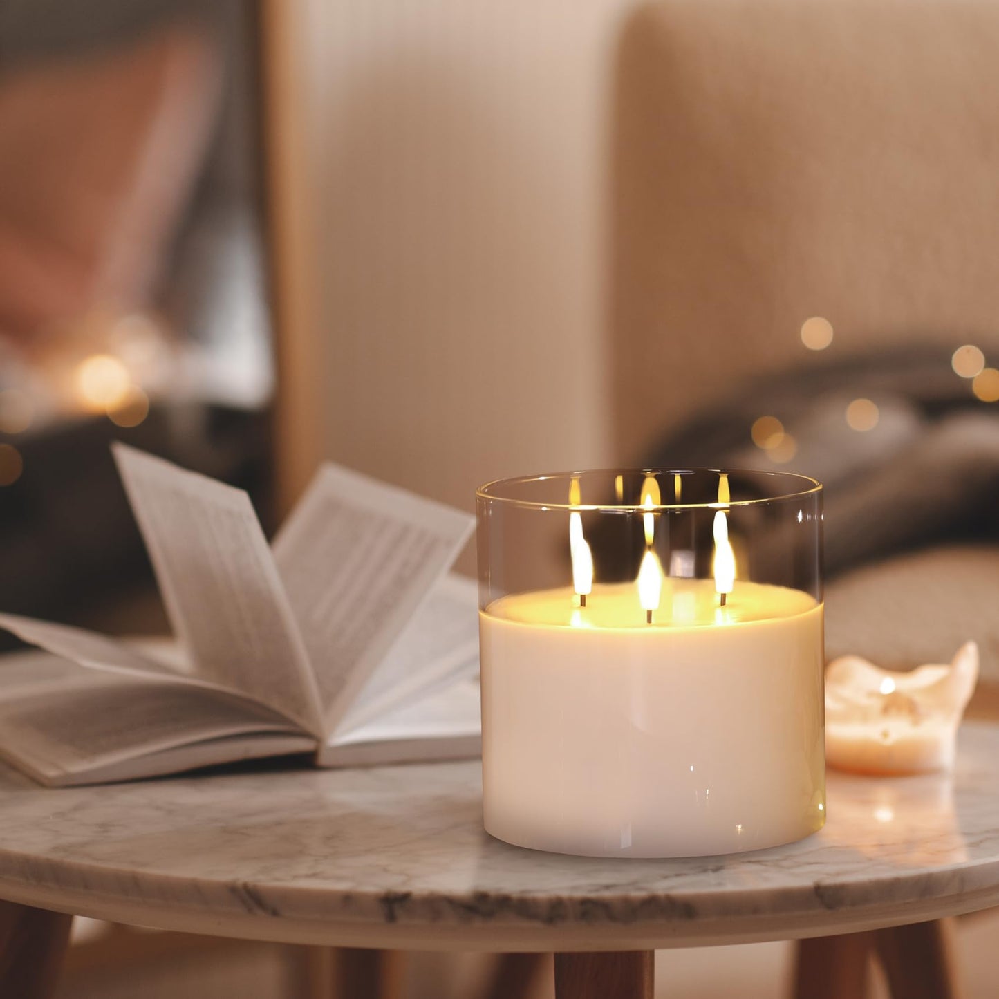 Eywamage 3 Wick Large Flameless Candles in Clear Glass, Flickering LED Battery Pillar Candle with Remote Φ 6" H 6"