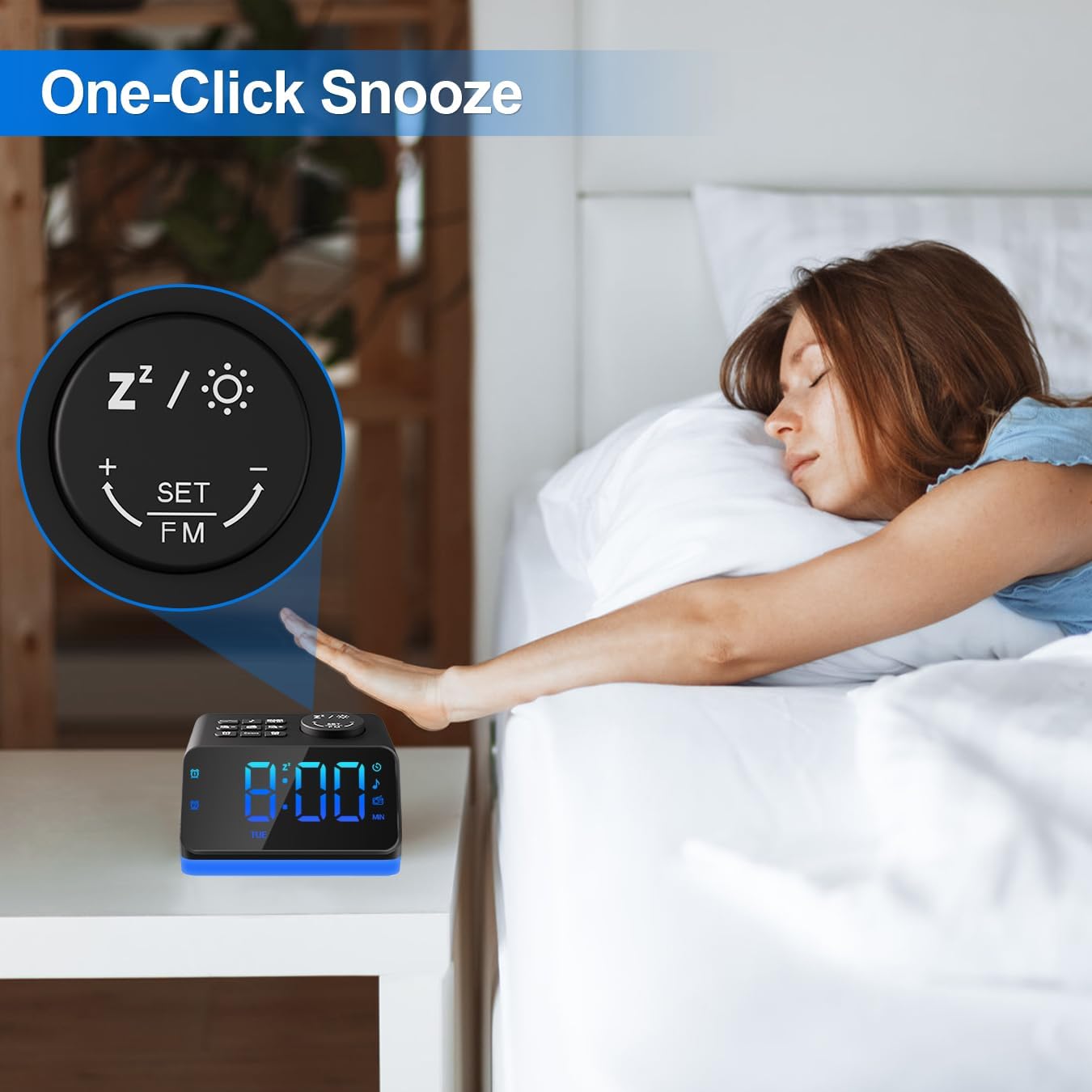 Modern Digital Alarm Clock with FM Radio, Alarm Clocks for Bedrooms with 2 Charging Port, Sleep Sound Machines with Timer, Dual Alarm, Loud Alarm and Easy to Use for Seniors and Kids as Gift