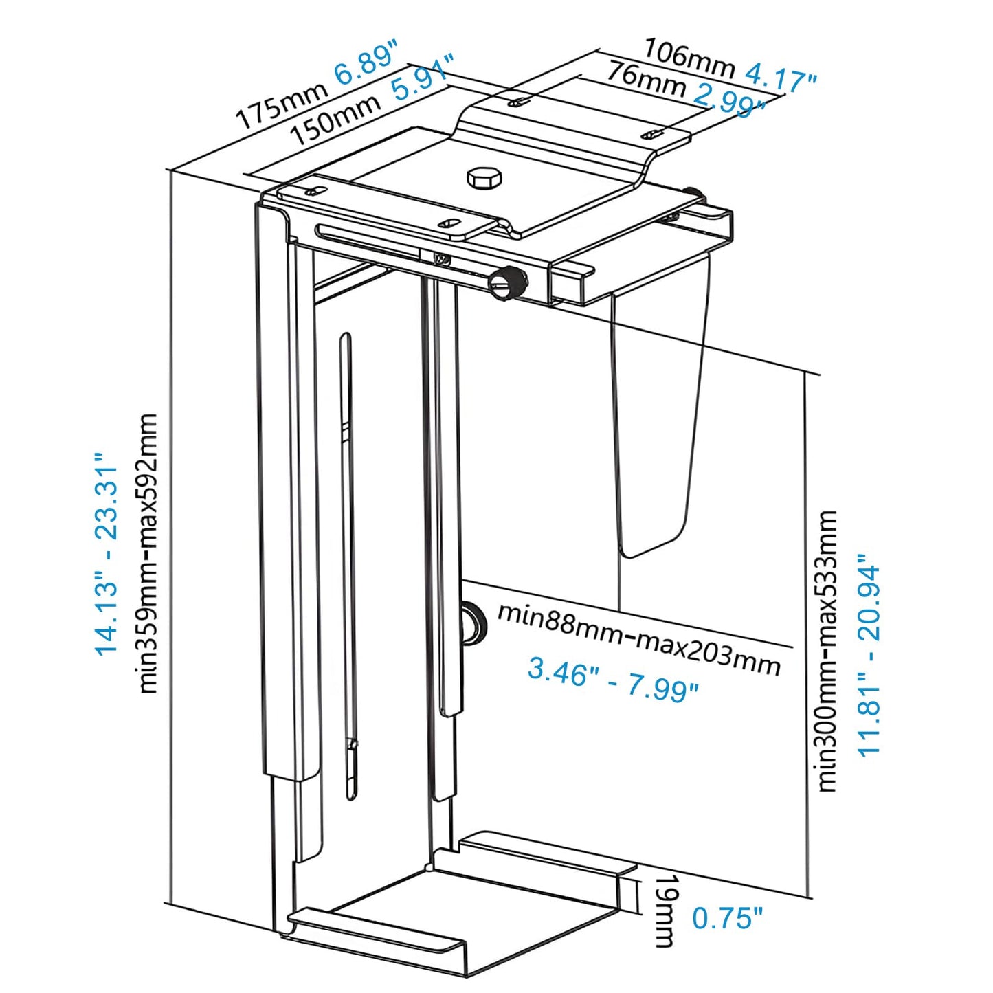 PrimeCables Under Desk Computer Mount, Most CPU Wall/Under Desk PC Tower Mount Heavy Duty Steel Computer Tower Stand, Secure Fit, 360° Swivel (Adjustable for 3.46-7.99" Width, 1.81-20.94" Height)